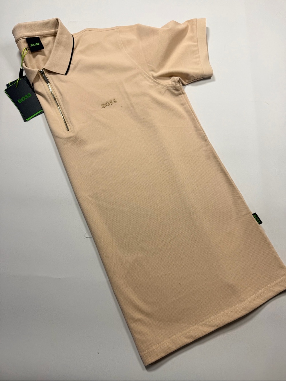 BOSS Beige Polo Zip Dress with Black-Trim Collar